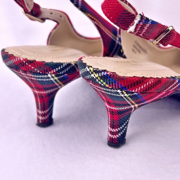Isaac Mizrahi New York Tartan Red Plaid Slingback Kitten Heels Womens 8 Holiday - Picture 8 of 14